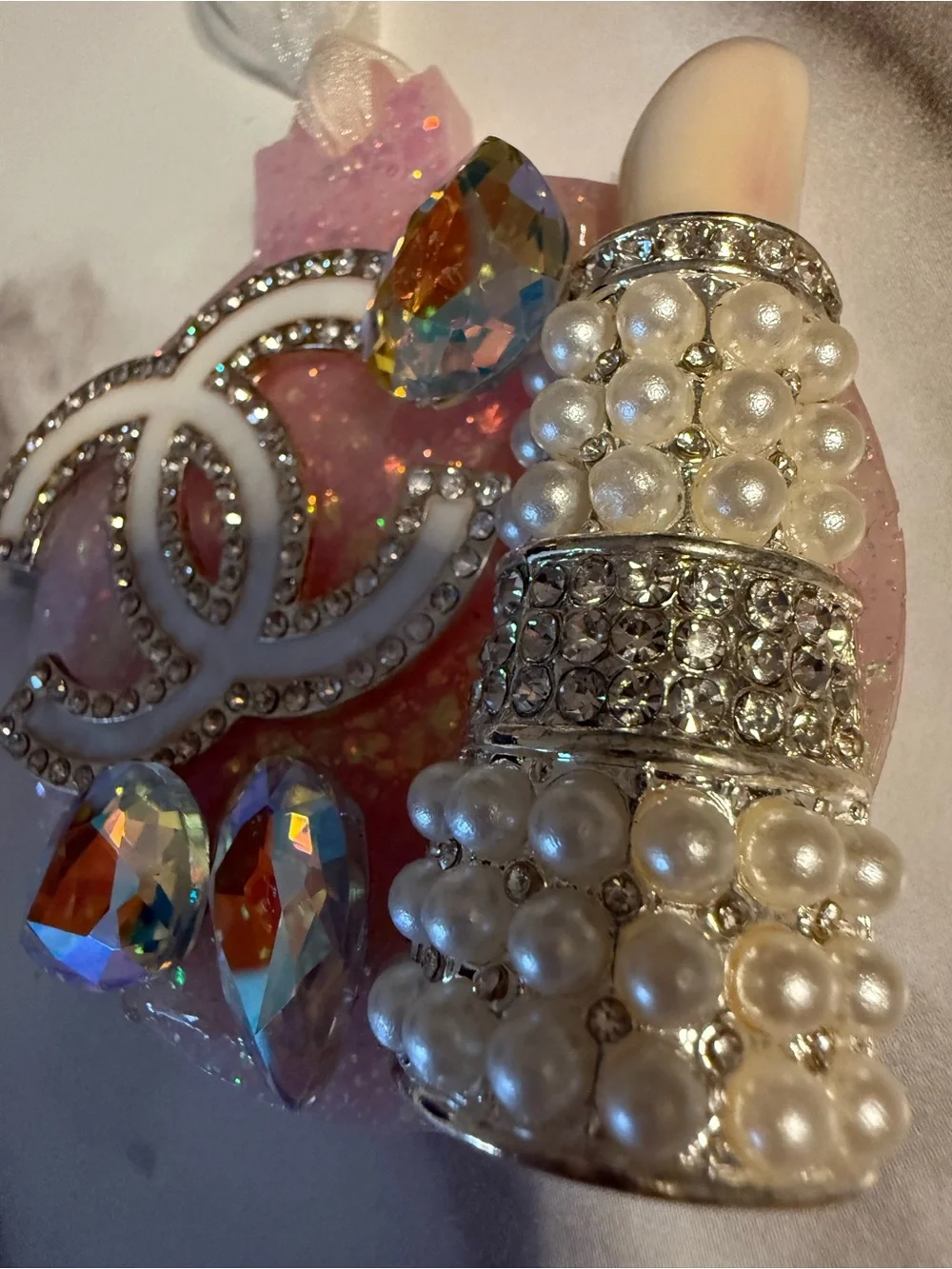 Ornament Rhinestone Pearl Crystal Gem Decor Handmade Pink Glam Hanging Decor